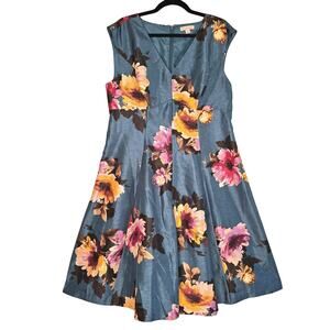 Established 1962 Dress Womens 16 Teal Taffeta Floral Sleeveless Fit Flare Church